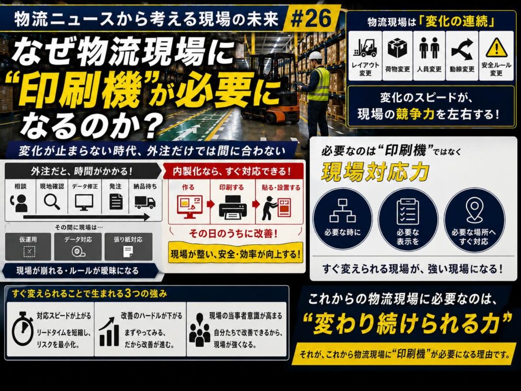 【物流ニュースから考える現場の未来 #26】なぜ物流現場に“印刷機”が必要になるのか― 変化が止まらない時代、外注だけでは間に合わない ―