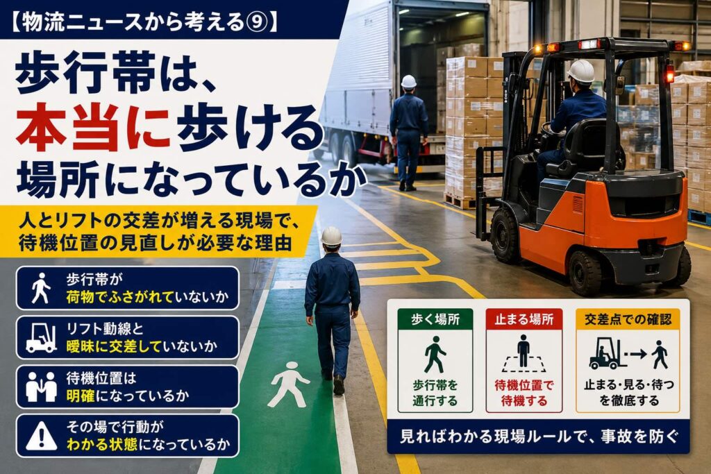 【物流ニュースから考える⑨】歩行帯は、本当に歩ける場所になっているか〜人とリフトの交差が増える現場で、待機位置の見直しが必要な理由〜