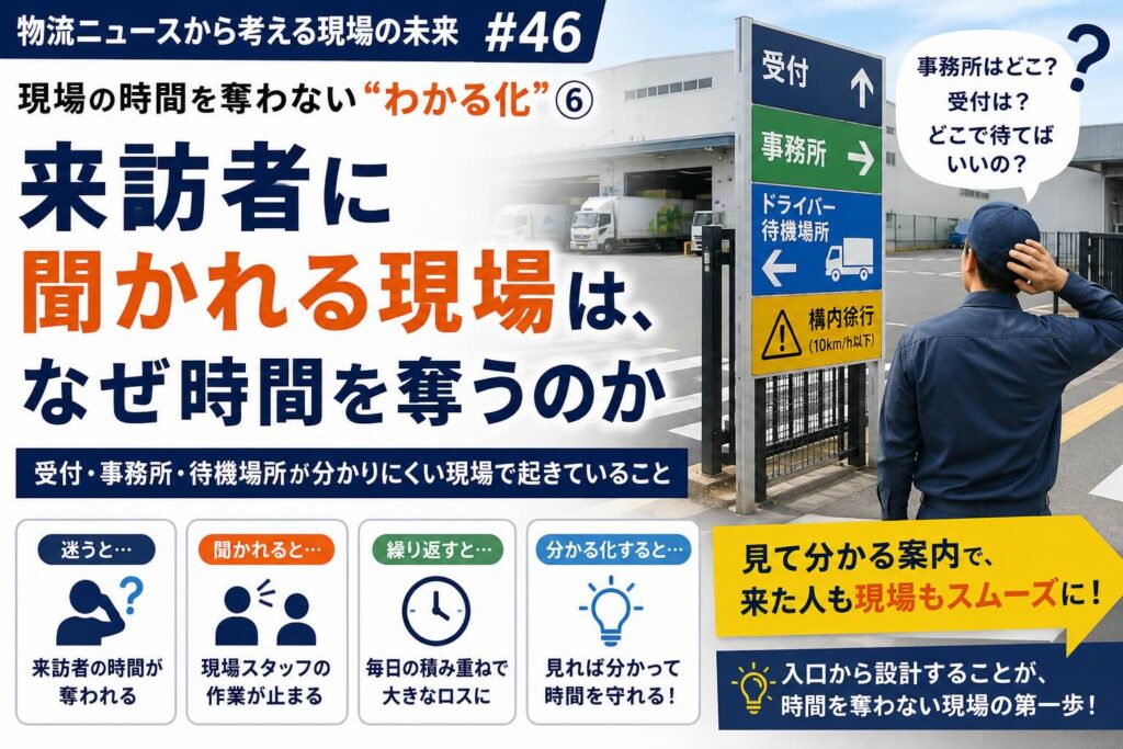 【物流ニュースから考える現場の未来 #46】現場の時間を奪わない“わかる化”⑥来訪者に聞かれる現場は、なぜ時間を奪うのか― 受付・事務所・待機場所が分かりにくい現場で起きていること ―